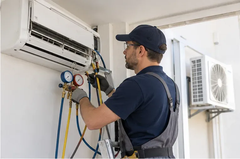 Technicien intervenant sur une climatisation split avec manomètres et flexibles de service