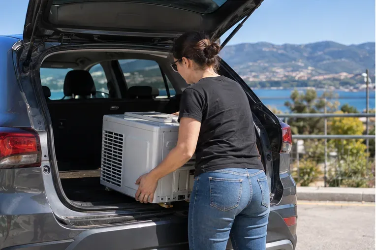 Personne chargeant avec précaution une unité de climatisation dans le coffre ouvert d’une voiture