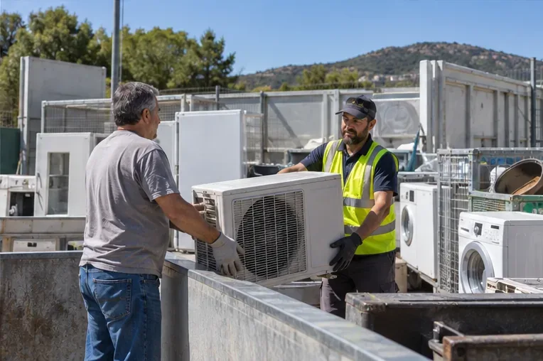 Usager remettant une unité de climatisation à un agent dans une zone de collecte d’appareils électriques