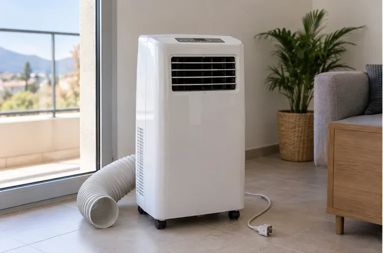 Climatiseur mobile blanc posé dans un salon, avec sa gaine d’évacuation et sa prise débranchée