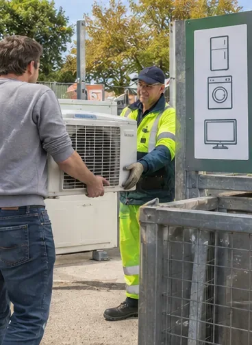 Un particulier remet une unité de climatiseur à un agent de déchèterie devant une zone dédiée aux appareils électriques.