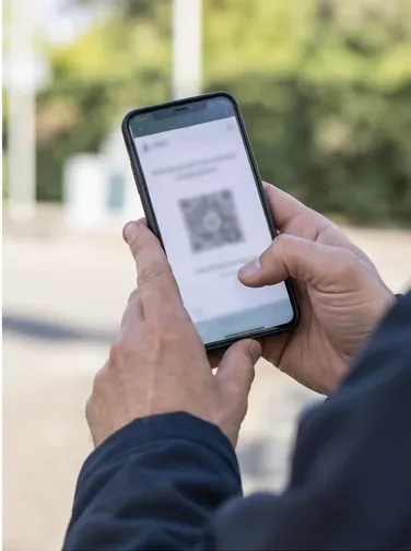 Une personne consulte sur son téléphone un justificatif numérique avant de se rendre en déchèterie.