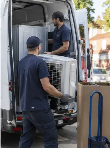 Deux professionnels chargent une ancienne unité de climatiseur dans un véhicule utilitaire lors d’une reprise à domicile.