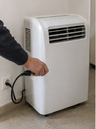 Un climatiseur mobile blanc est débranché de la prise murale avant sa préparation au transport.