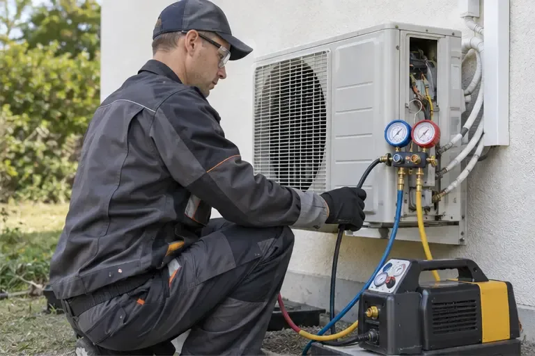 Un technicien raccorde un équipement de récupération à l’unité extérieure d’une climatisation fixe