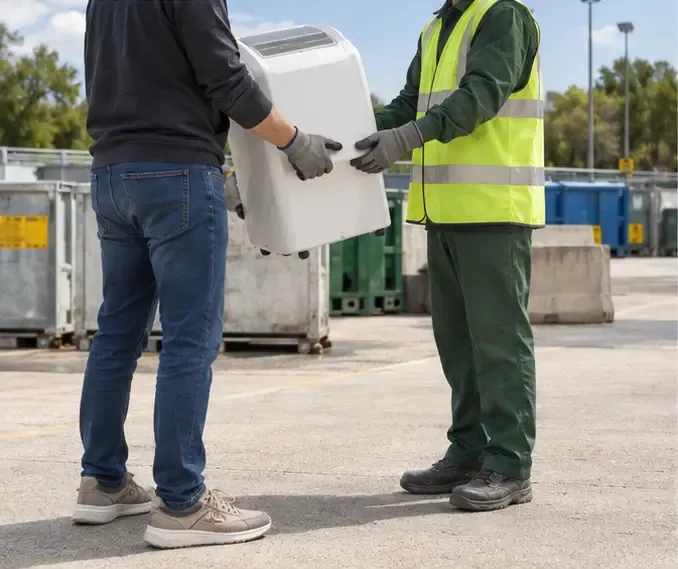 Résident et agent portant ensemble un climatiseur portable devant des conteneurs dans un centre de recyclage