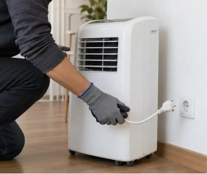 Personne portant des gants qui débranche la fiche d’un climatiseur portable avant son déplacement
