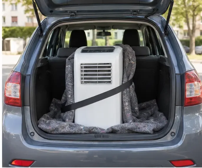 Climatiseur portable maintenu verticalement et attaché dans le coffre d’une voiture avec une couverture de protection