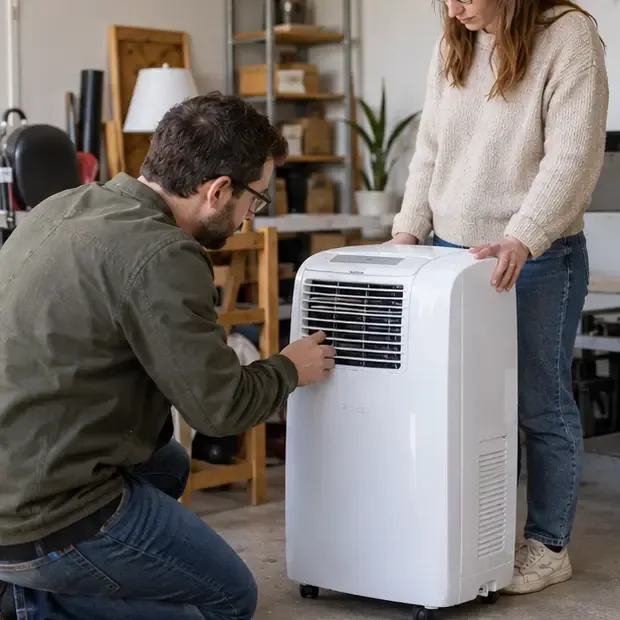 Deux personnes examinent un climatiseur mobile encore propre et fonctionnel dans un intérieur
