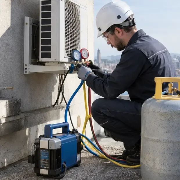 Un technicien équipé contrôle le circuit frigorifique d’un climatiseur split avec un manifold et une pompe de récupération