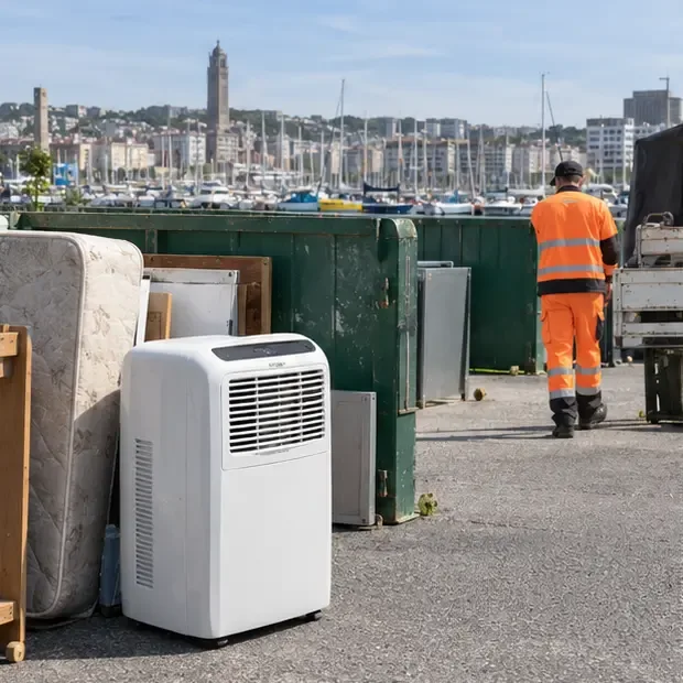 Un climatiseur mobile est posé près d’une zone de dépôt de déchets avec un agent en tenue haute visibilité au second plan