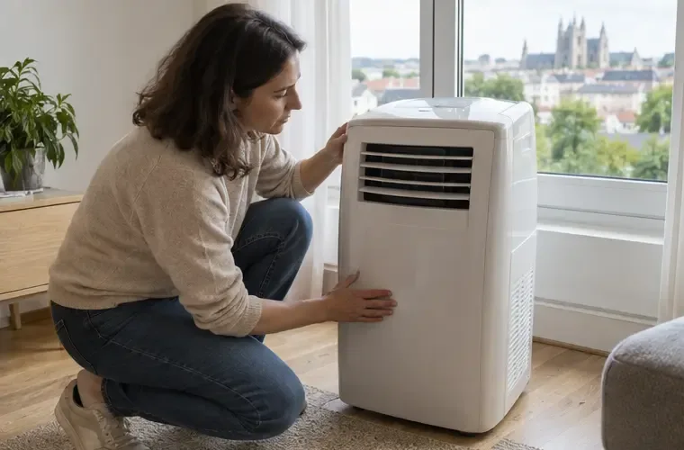 Personne examinant un climatiseur mobile blanc près d’une fenêtre dans un logement