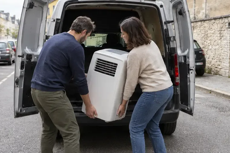 Deux personnes chargeant prudemment un climatiseur mobile blanc dans une camionnette
