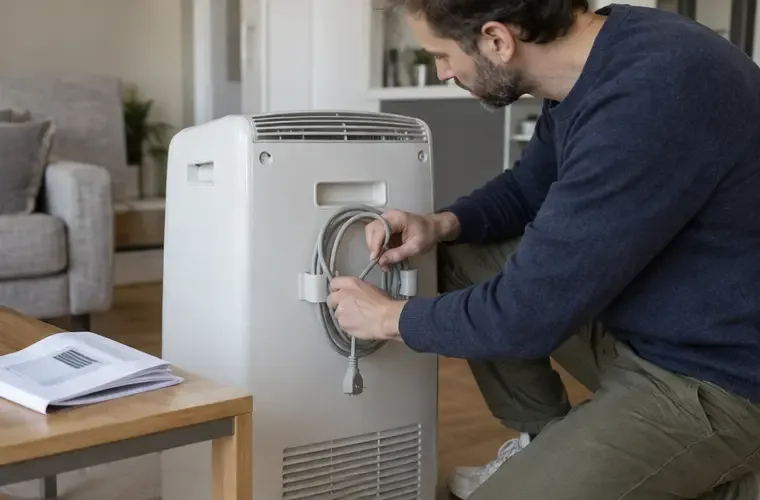 Personne attachant proprement le câble d’un climatiseur mobile débranché à côté de sa notice
