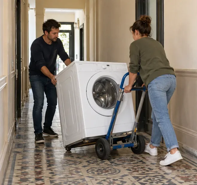 Deux adultes déplacent un lave-linge sur un diable dans un couloir plat