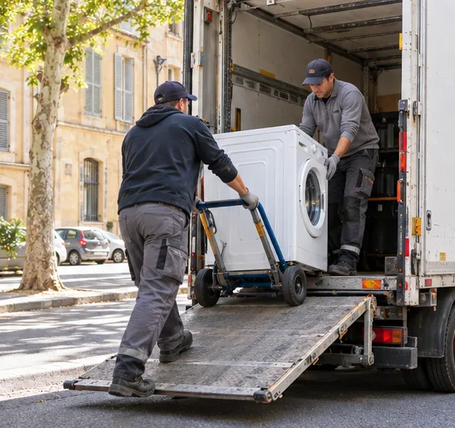 Deux agents chargent un lave-linge sur un camion de collecte à l’aide d’un diable