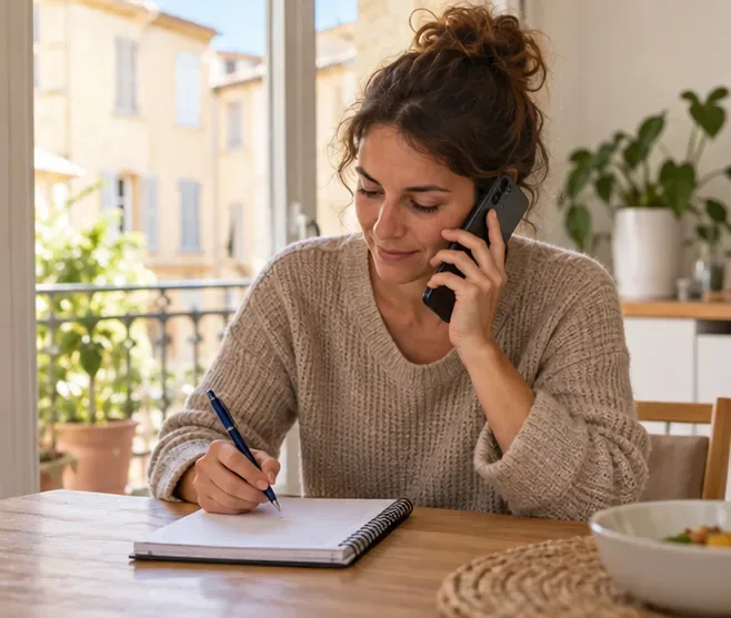 Une habitante téléphone et note dans un carnet les détails d’un rendez-vous de collecte