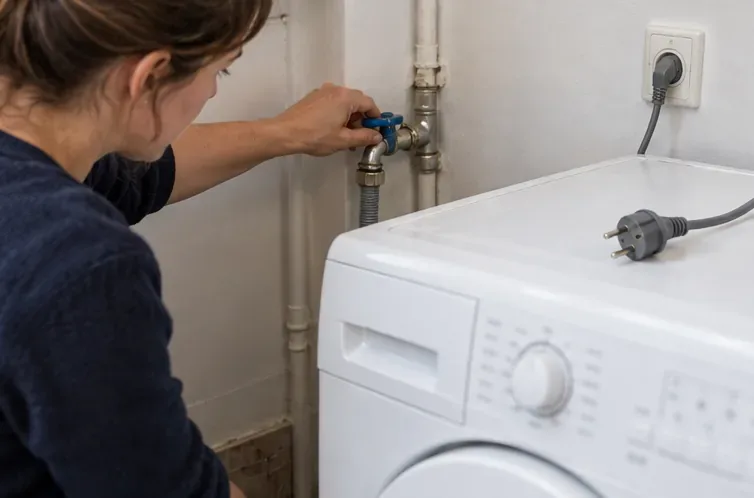 Une personne ferme le robinet d’arrivée d’eau près d’un lave-linge ; la fiche de la machine repose sur son dessus.