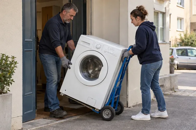 Deux adultes font franchir une porte à un lave-linge blanc maintenu sur un diable de manutention.