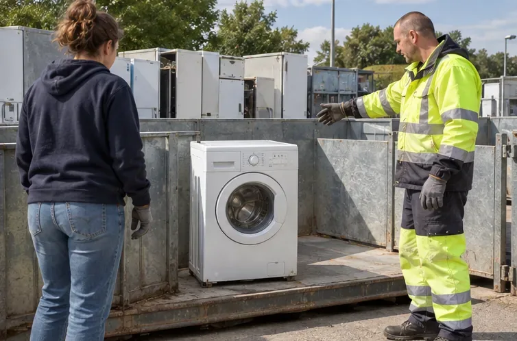 Un lave-linge intact se trouve dans une zone de dépôt d’appareils électriques, près d’un agent qui indique l’emplacement.