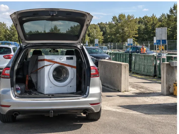 Un lave-linge sanglé dans le coffre d’un véhicule arrivé dans une déchèterie