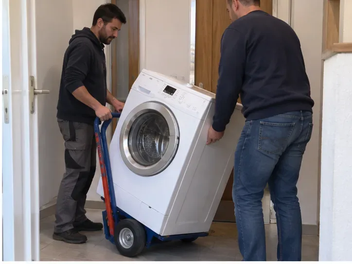 Deux personnes déplacent un lave-linge sur un diable à travers une porte