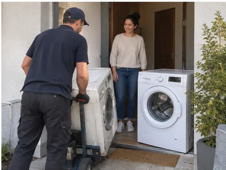 Un livreur enlève un ancien lave-linge au domicile tandis qu’un lave-linge de remplacement est présent