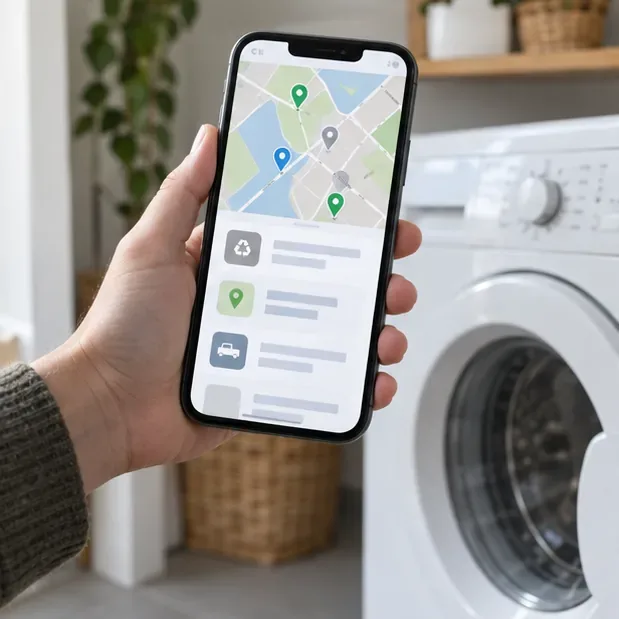 Une main tient un smartphone affichant une carte générique de points de collecte devant un lave-linge