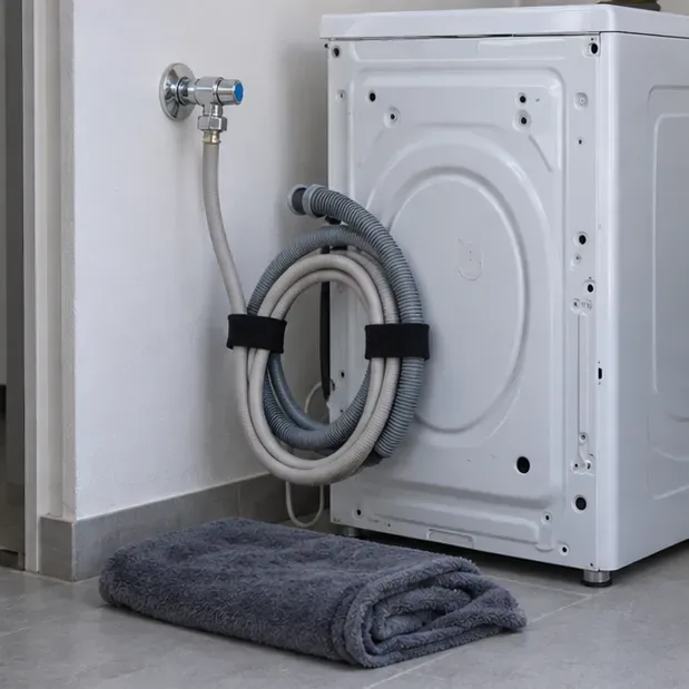 À l’arrière d’un lave-linge posé debout, les tuyaux d’arrivée et d’évacuation d’eau sont débranchés et attachés