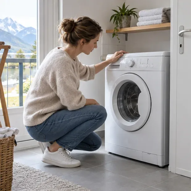 Dans une buanderie lumineuse, une personne vérifie un lave-linge frontal éteint et débranché