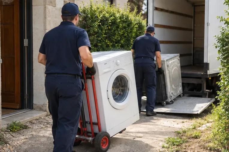 Deux livreurs transportant un lave-linge sur un diable vers un camion
