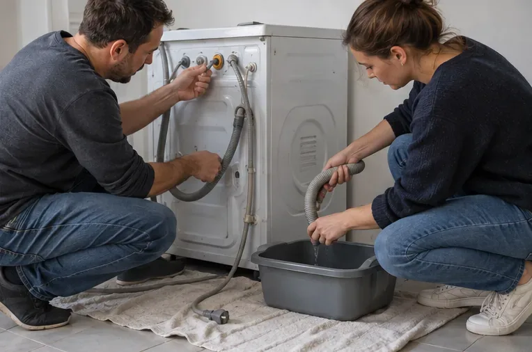 Deux personnes débranchant les tuyaux d'un lave-linge et laissant l'eau résiduelle s'écouler dans un bac
