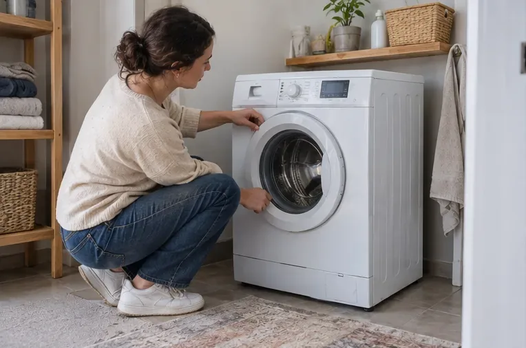 Personne examinant un lave-linge blanc dans une buanderie avant de décider de le réparer ou de s'en séparer