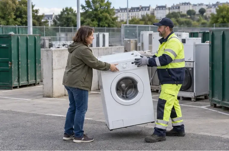 Une habitante remet un lave-linge à un agent en tenue de sécurité dans une zone de collecte d’appareils