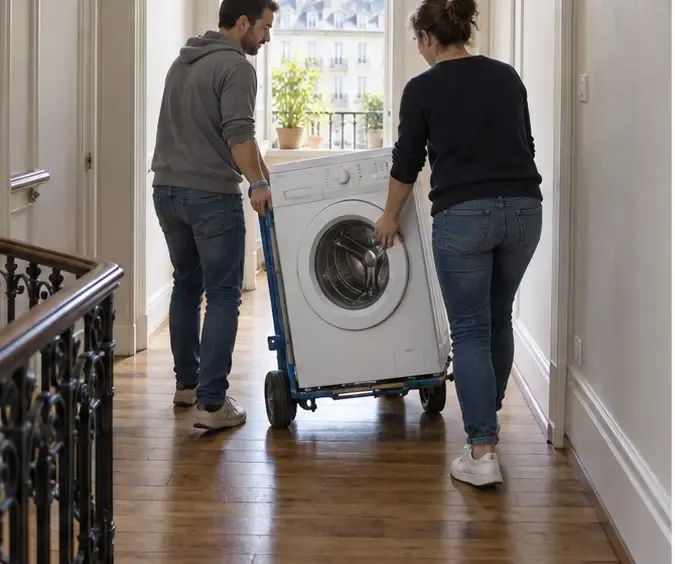Deux personnes déplacent un lave-linge debout sur un diable dans le couloir d’un immeuble
