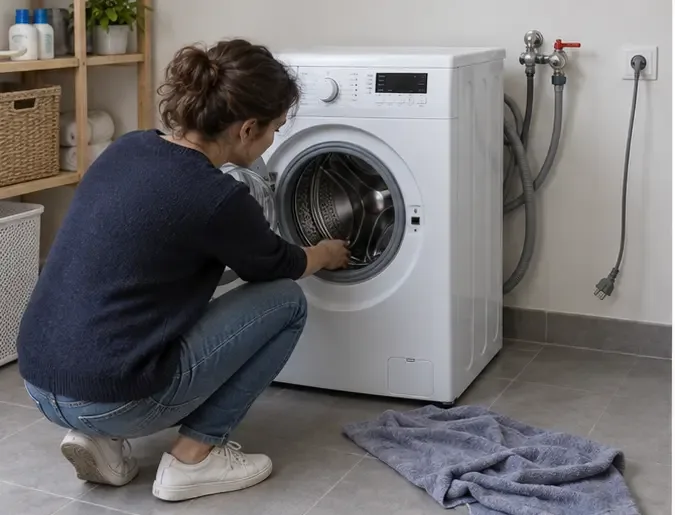 Une personne vérifie le tambour vide d’un lave-linge débranché, avec un chiffon au sol avant le déplacement