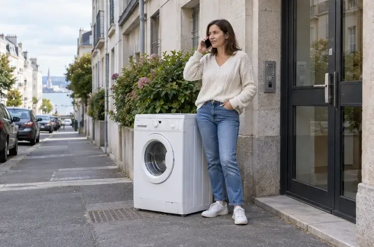 Une habitante téléphone devant un lave-linge placé près de l’entrée de son immeuble, dans une rue de Brest