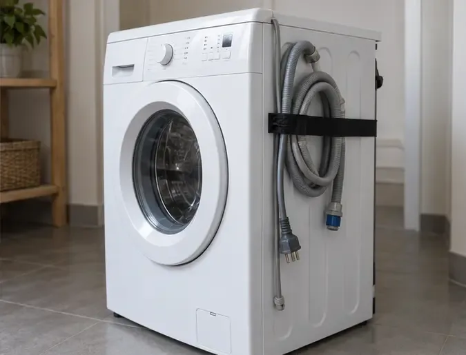 Un lave-linge fermé, debout, avec les tuyaux et le cordon électrique regroupés et maintenus sur le côté