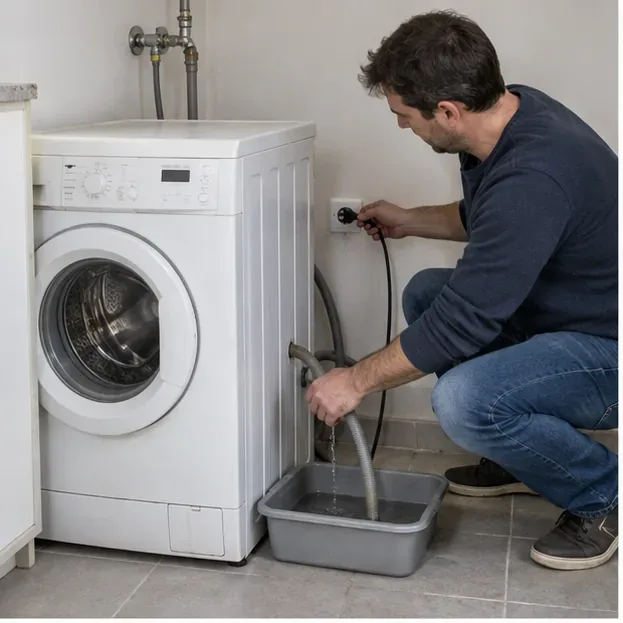 Un lave-linge blanc débranché pendant qu’une personne vide le tuyau de vidange dans une bassine avant son évacuation