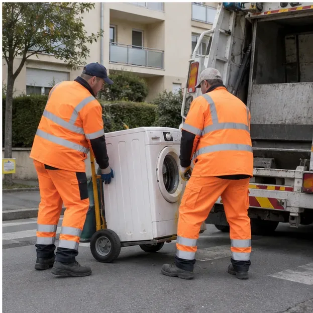 Deux agents en tenue haute visibilité chargent un lave-linge sur un camion de collecte devant un immeuble