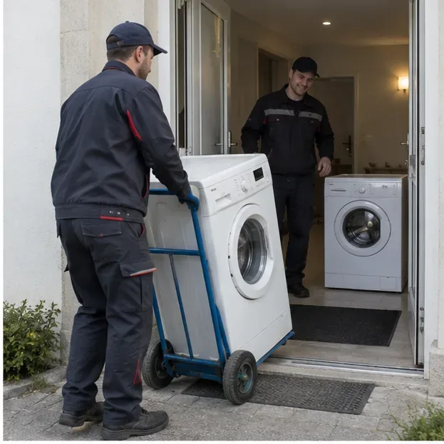 Deux livreurs déplacent un lave-linge avec un diable à l’entrée d’un logement lors d’une reprise d’électroménager