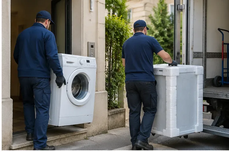 Deux livreurs retirant un ancien lave-linge d'un logement pendant qu'un appareil neuf est chargé près d'un camion