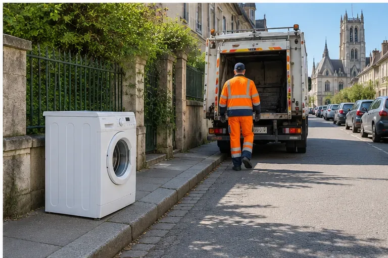 Lave-linge posé près du bord d'un trottoir avec un véhicule de collecte des encombrants approchant dans une rue urbaine