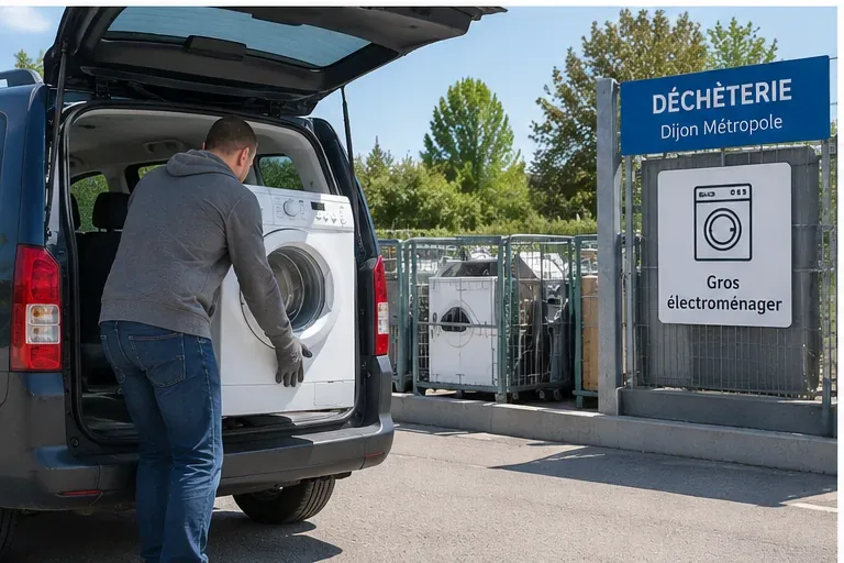 Automobiliste déchargeant un lave-linge à l'entrée d'une déchèterie signalée Dijon Métropole, zone gros électroménager