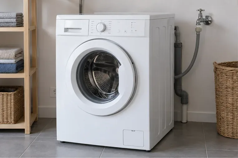 Lave-linge blanc débranché dans une buanderie, robinet d'arrivée d'eau fermé à côté de l'appareil