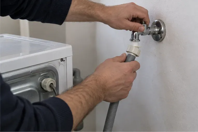 Mains fermant le robinet mural et retirant le tuyau d'arrivée d'eau d'un lave-linge
