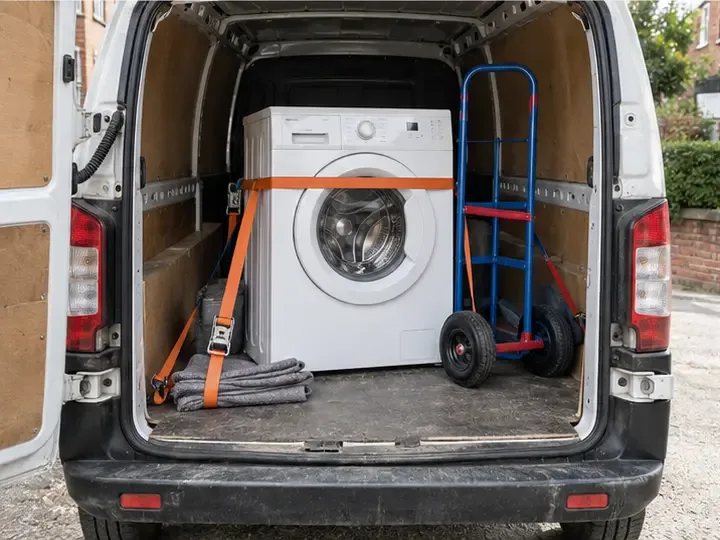 Lave-linge maintenu debout par une sangle dans un petit utilitaire, avec un diable à côté