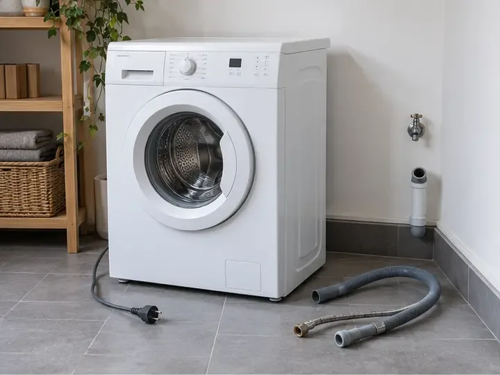 Lave-linge débranché avec le câble électrique, le tuyau d’arrivée d’eau et le tuyau de vidange posés au sol