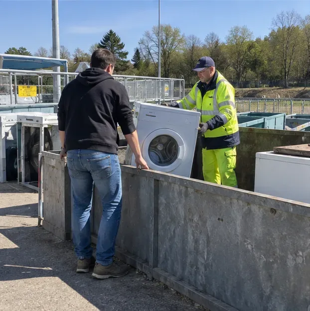 Un particulier remet un lave-linge à un agent sur une zone de déchèterie équipée de bennes