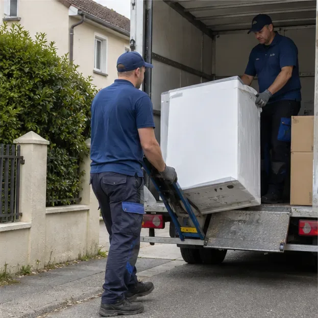 Deux professionnels manutentionnent un gros lave-linge au hayon d’un camion de livraison
